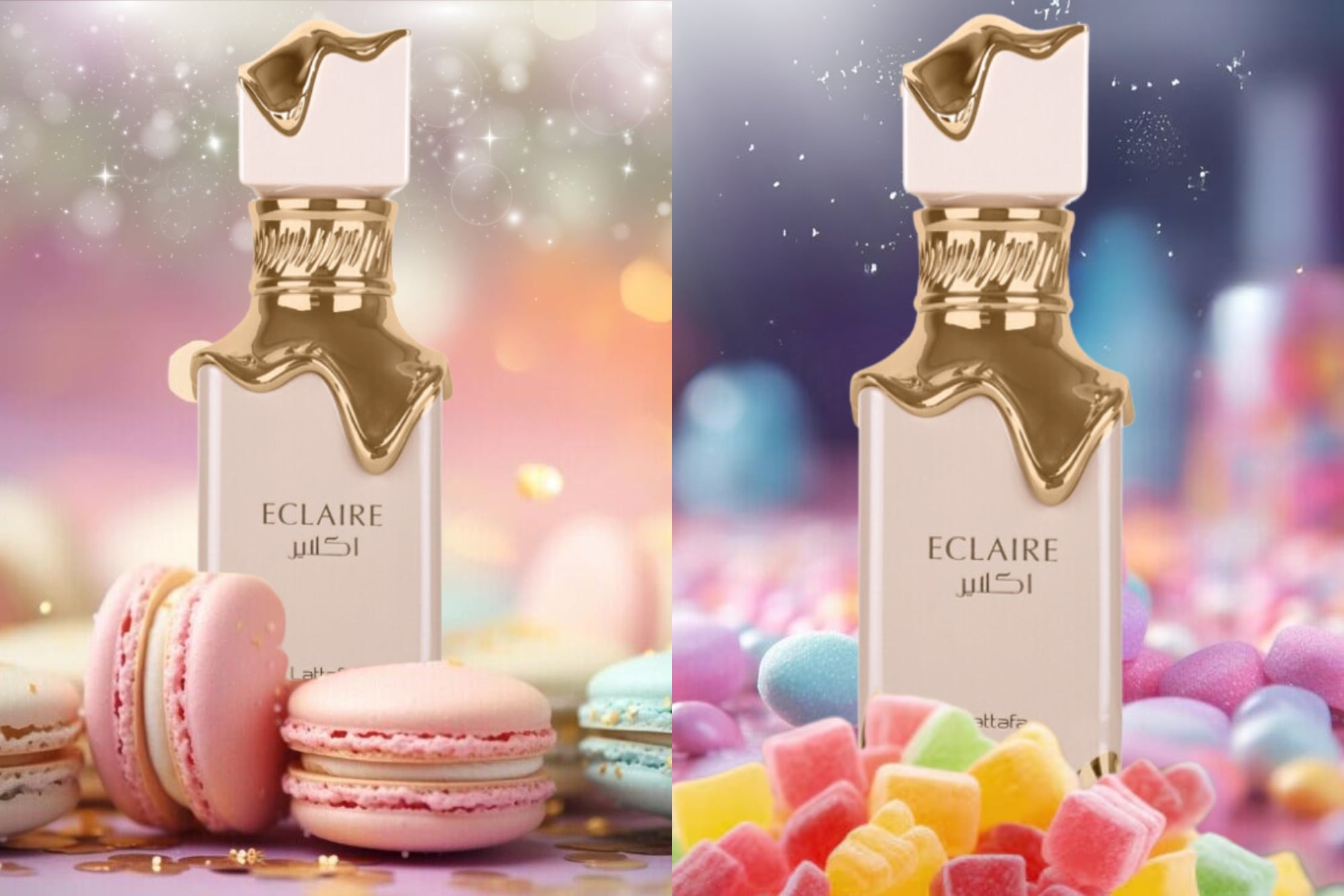 Eclaire de Lattafa es una propuesta gourmand que mezcla caramelo, flores blancas y praliné en un perfume sofisticado