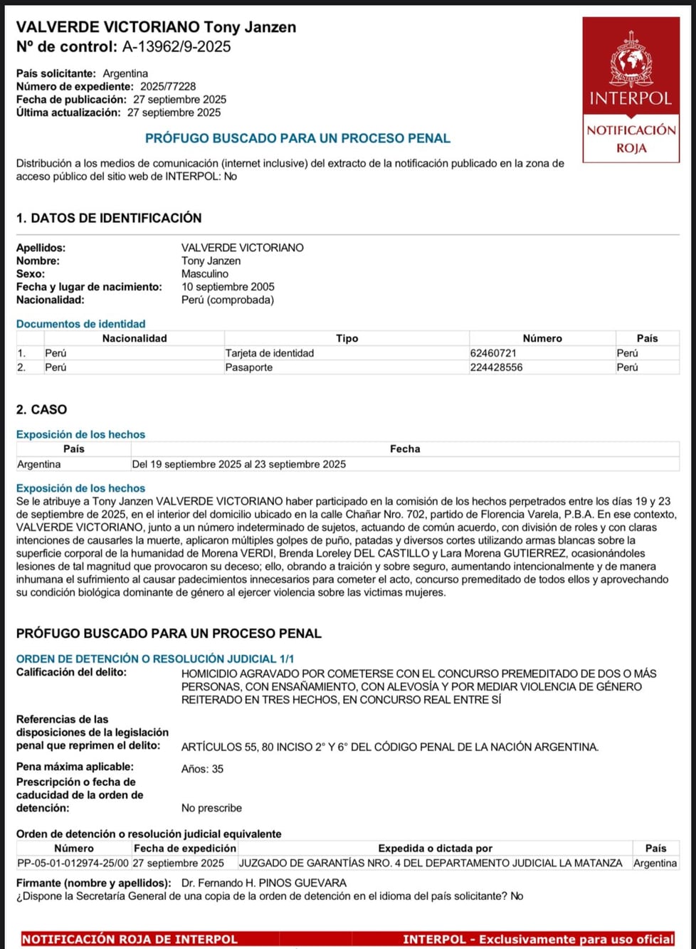La circular roja de Interpol con la orden de captura internacional de Pequeño J