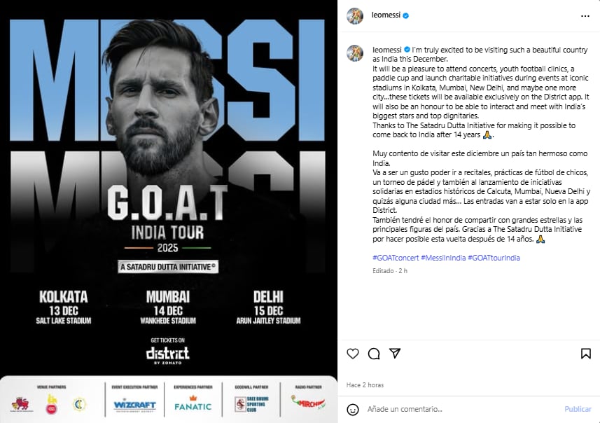 Lionel Messi confirmó que visitará la India en diciembre (Foto: Instagram @leomessi)