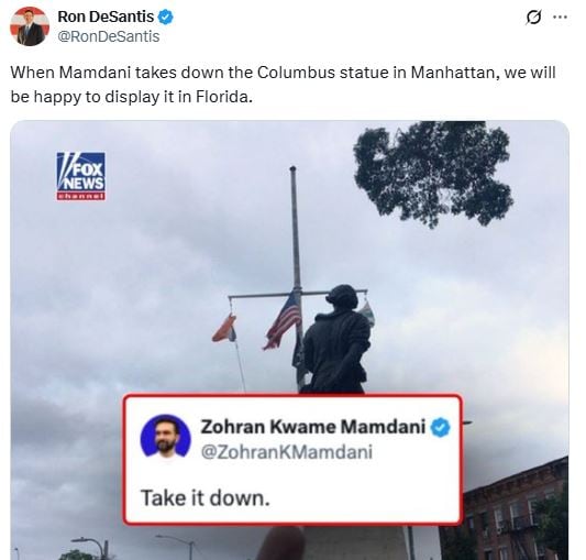Ron DeSantis intervino en la polémica: “Cuando Mamdani retire la estatua de Colón en Manhattan, estaremos felices de exhibirla en Florida”