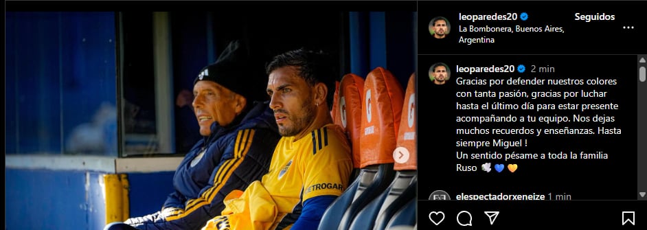 El posteo de Leandro Paredes por la muerte de Miguel Ángel Russo. (Foto: Instagram / @leoparedes20).