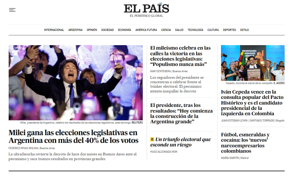 El País de España abrió su portal con cuatro notas sobre la victoria de Javier Milei