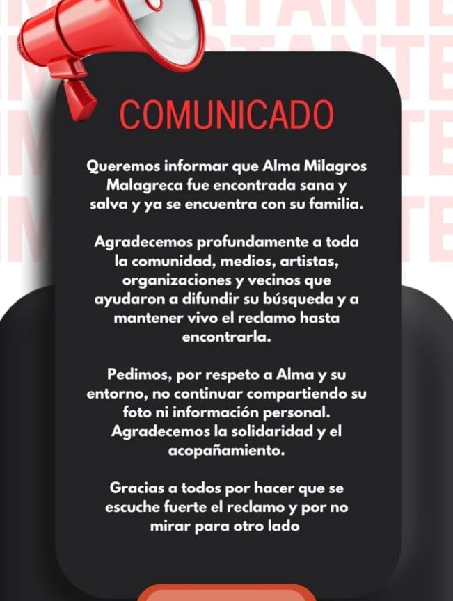 El comunicado de la familia de la adolescente luego de su encuentro. (Foto: Instagram @todospor.alma)