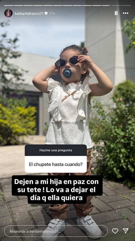 La reacción de Barby Franco cuando un seguidor criticó el hábito de su hija de usar chupete. (Foto: Instagram / @barbaritafranco21).