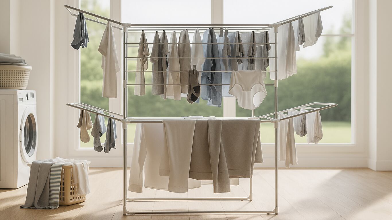 El tender vertical es una alternativa que aprovecha la altura de los ambientes en vez de ocupar lugar a lo ancho. (Imagen ilustrativa generada con IA)