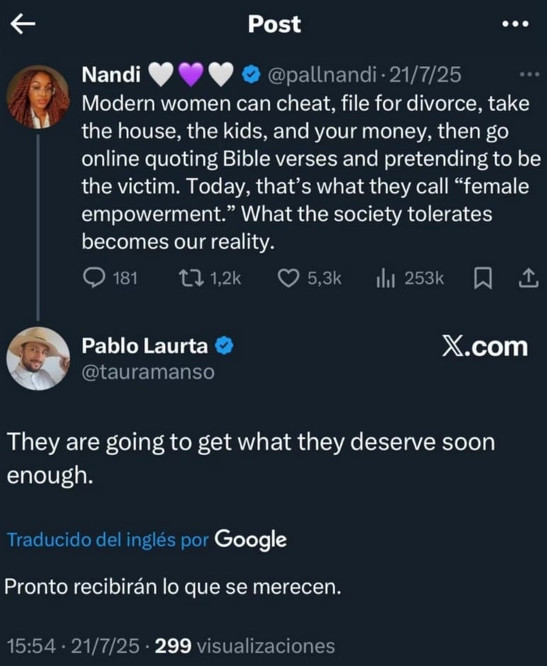 Los mensajes de Pablo Laurta en redes sociales. (X/@tauramanso).