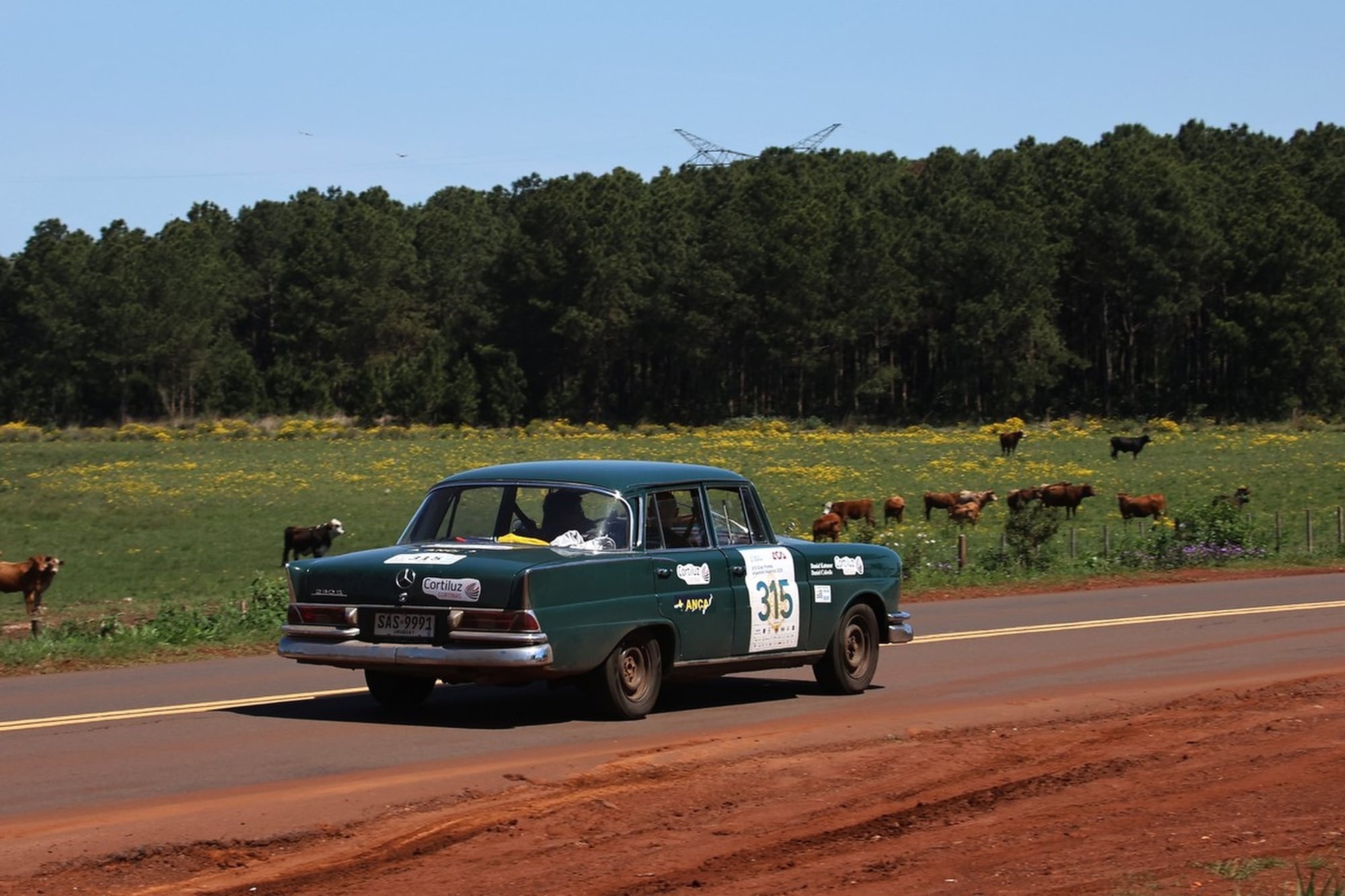 Exuberancia y ganado vacuno en el norte correntino, cerca de Misiones (por eso el suelo laterítico), atestiguados por el Mercedes-Benz de 1966 de otros uruguayos, Daniel Cabeda y Daniel Katunar.