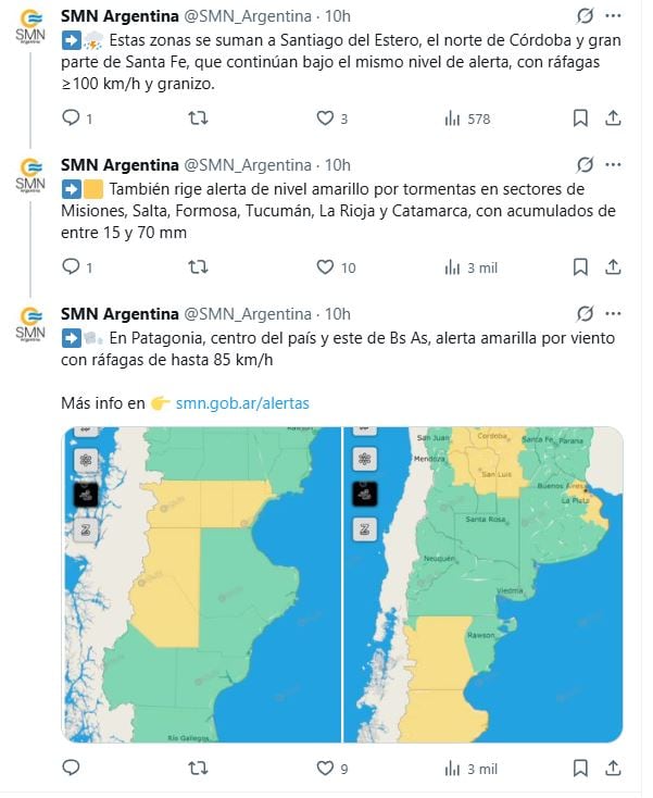 En la Patagonia, centro del país y este de Bs As, alerta amarilla por vientos con ráfagas de hasta 85 km/h. (Foto: X @SMN_Argentina)
