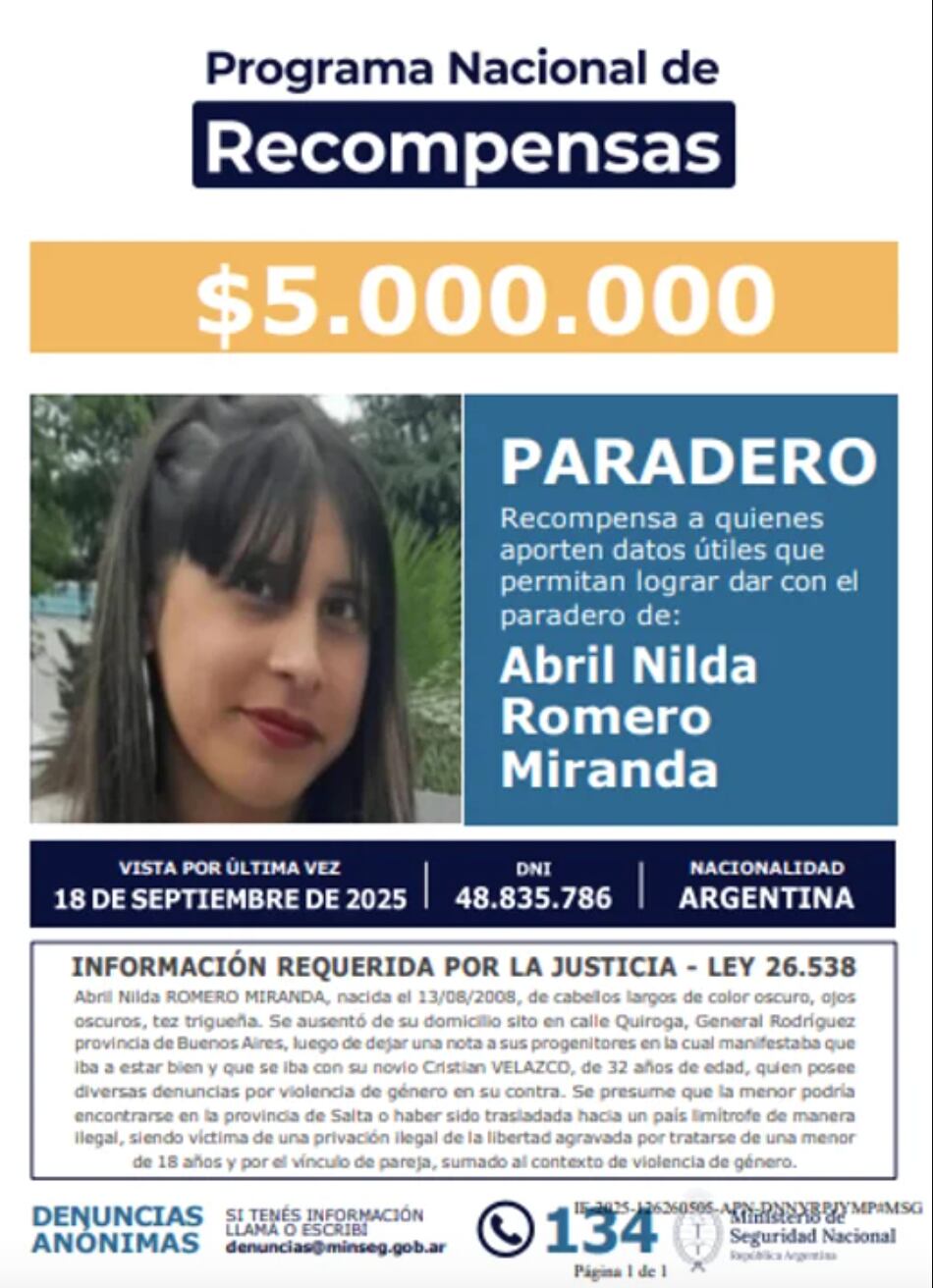 Ofrecen $5.000.000 por información sobre el paradero de Abril Romero. (Foto: Ministerio de Seguridad Nacional)