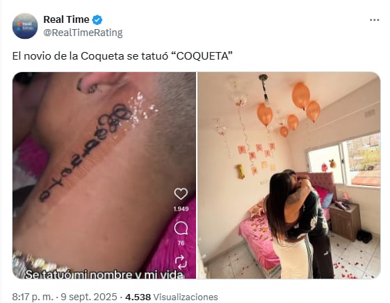 La Coqueta se mostró orgullosa después de que su novio se tatuara su apodo y el resultado se volvió viral (Foto: X /RealTimeRating)