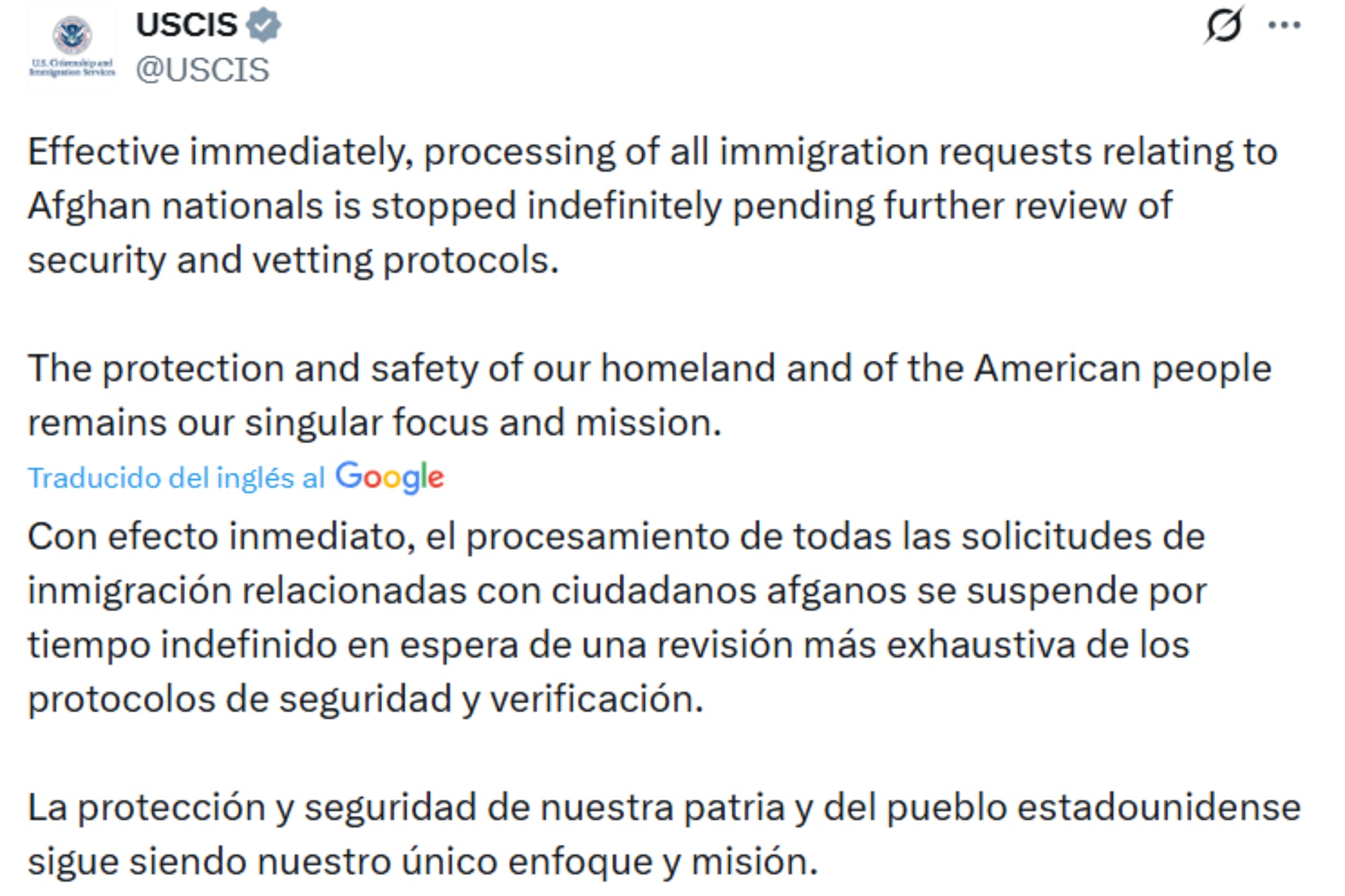 El Uscis anunció la suspensión del procesamiento de las solicitudes de afganos tras el tiroteo en Washington D.C.