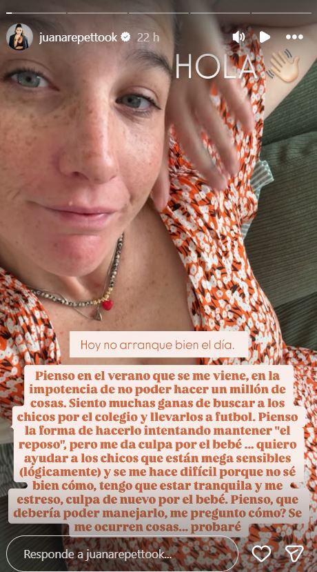 Juana Repetto expuso su angustia por el reposo que tiene que hacer debido a su embarazo. (Foto: Instagram/juanarepettook)