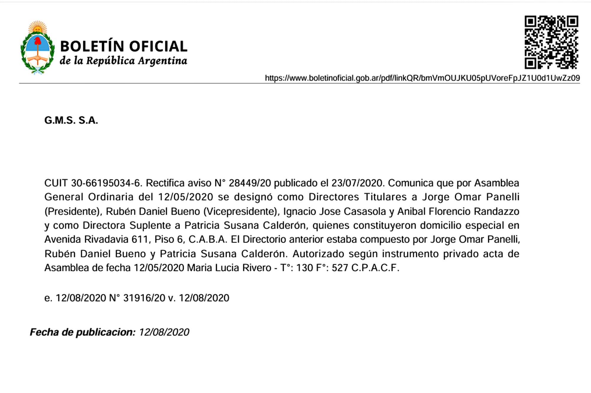 La publicación del Boletín Oficial con la designación de Randazzo como director de GMS SA