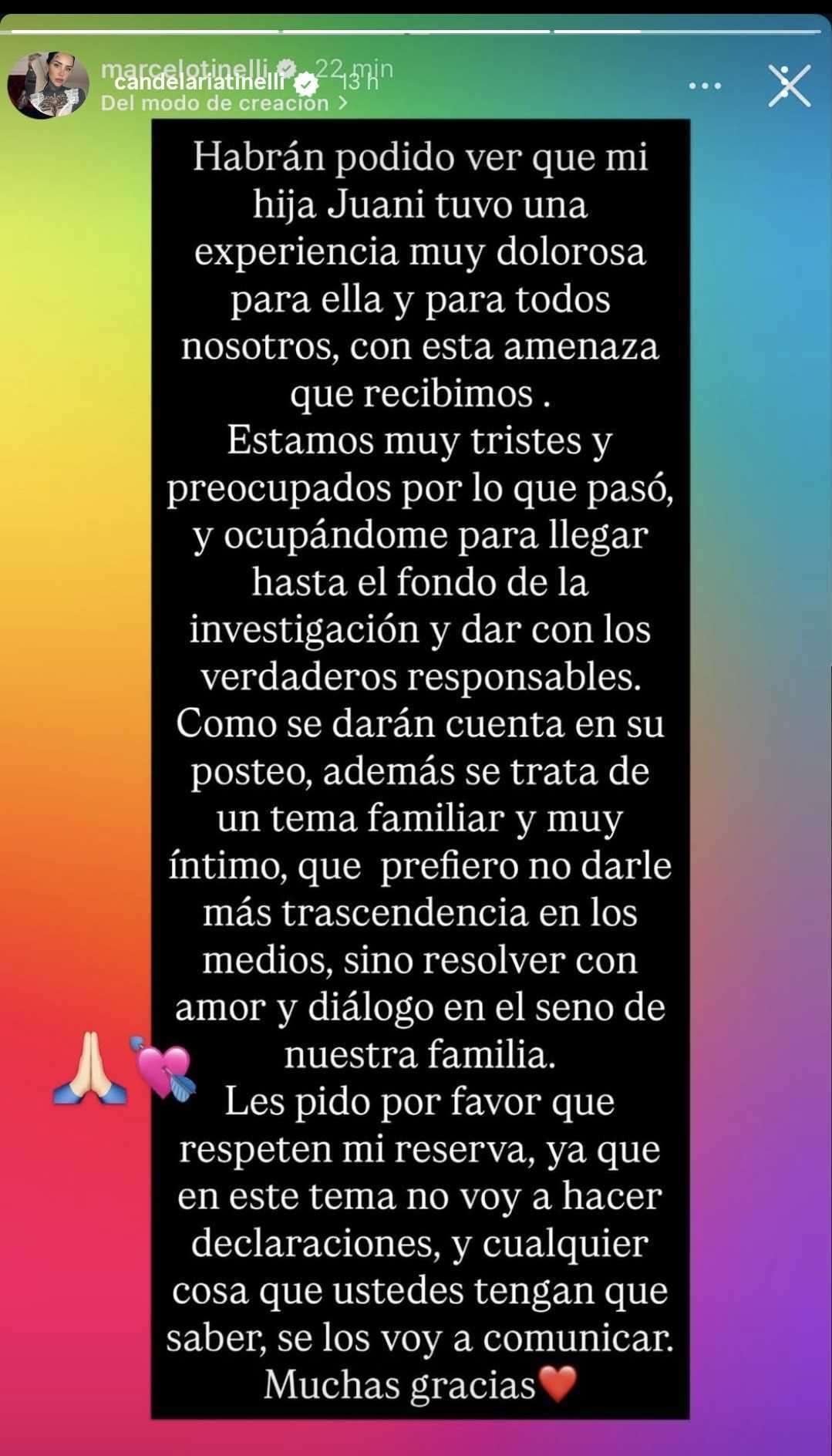 Tanto Marcelo como Candelaria Tinelli compartieron el mismo mensaje en sus redes. (Foto: Instagram/candelariatinelli)