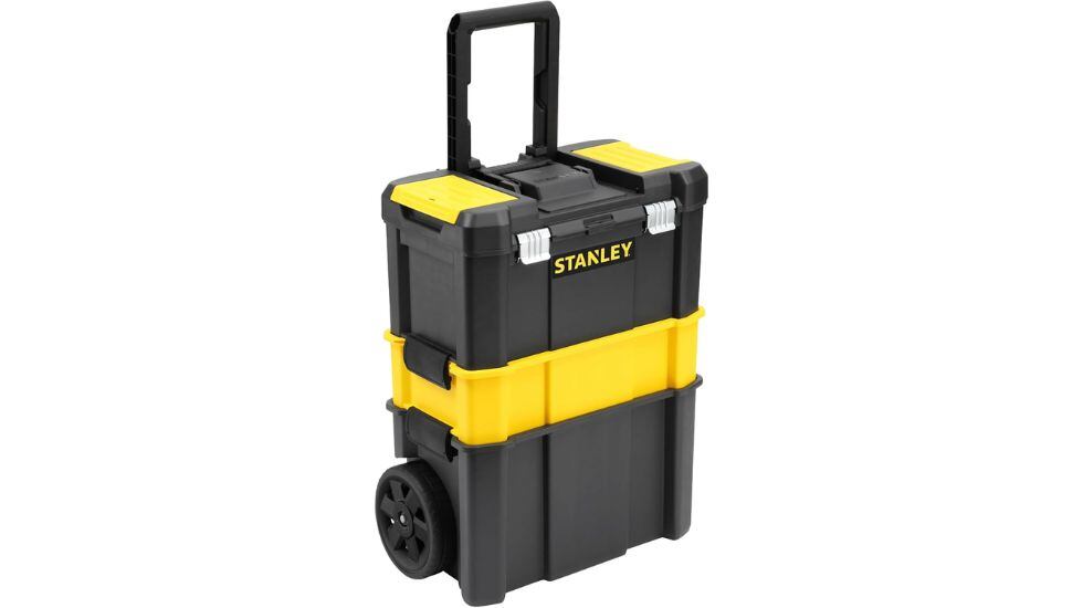 Taller portátil con 3 cajas de herramientas apilables.