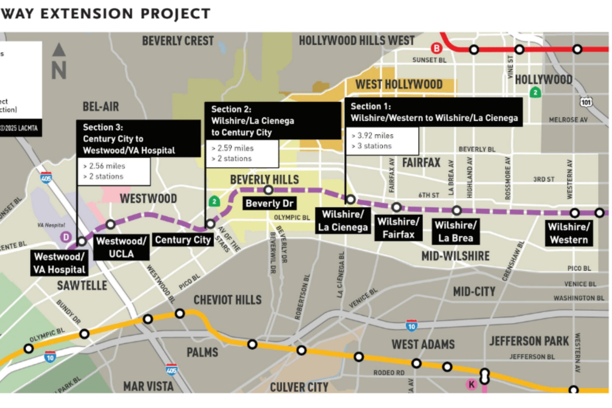 El mapa que muestra el proyecto de ampliación de la Línea D del Metro de Los Ángeles