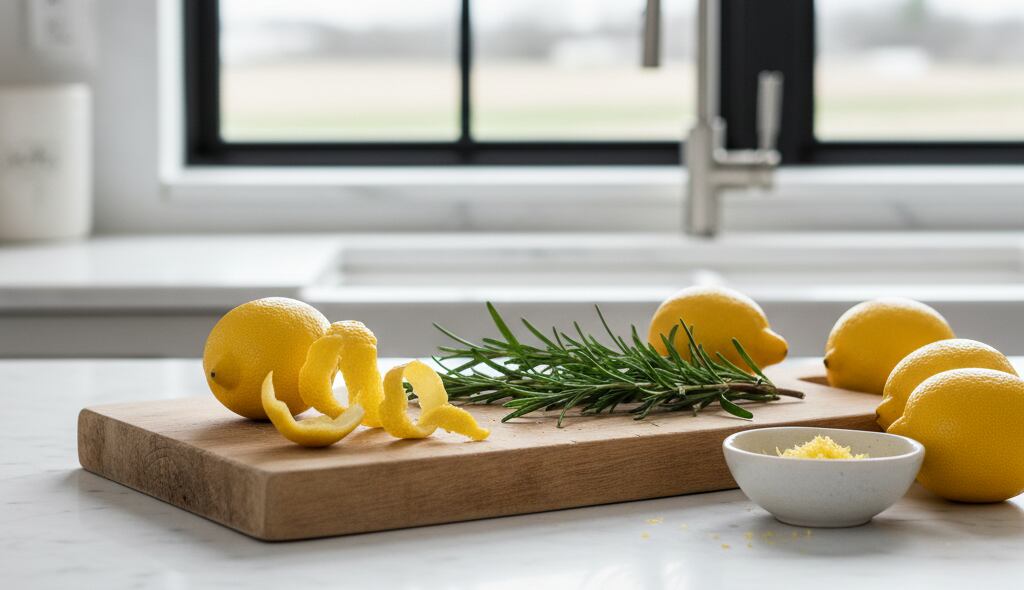 La mezcla de cáscaras de limón y romero puede usarse como limpiador o para las plantas. (Imagen ilustrativa IA Gemini).