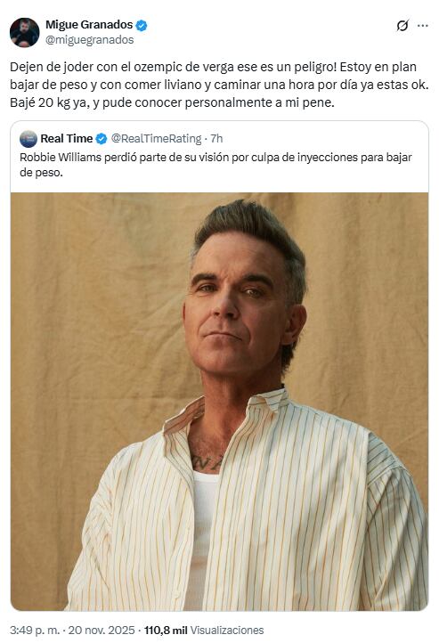 Migue Granados opinó del drama que vive Robbie Williams y contó cómo hizo para bajar 20 kilos (Foto: Captura X /miguegranados)