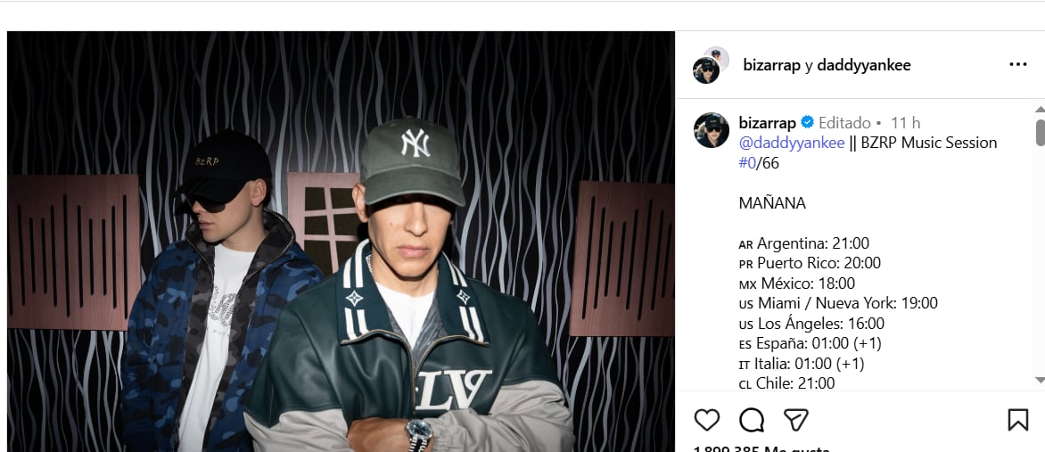 Bizarrap publicó los detalles de su nueva colaboración con Daddy Yankee en su cuenta de Instagram.