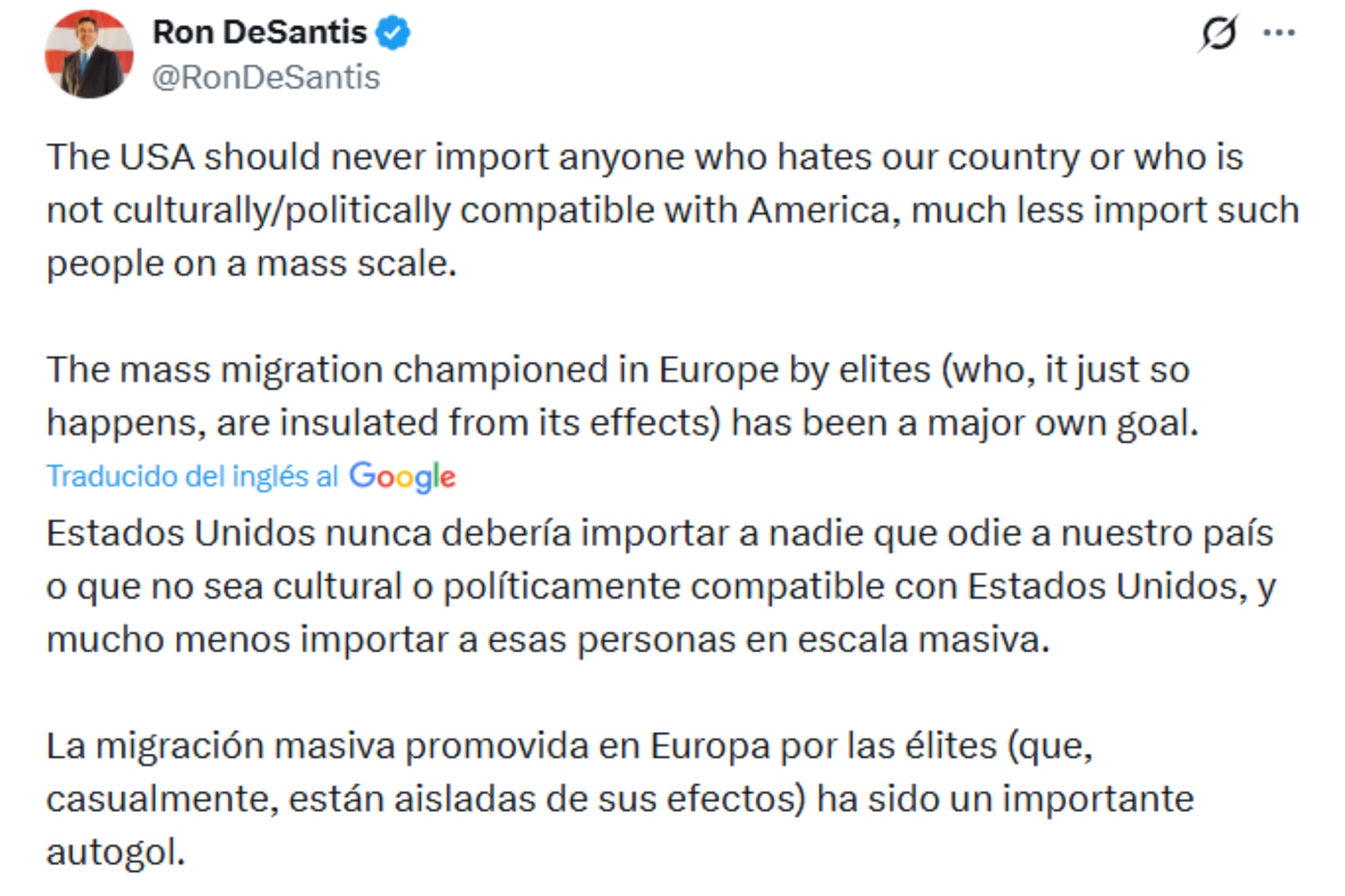 El mensaje del gobernador de Florida, Ron DeSantis, sobre la inmigración y en apoyo a Donald Trump