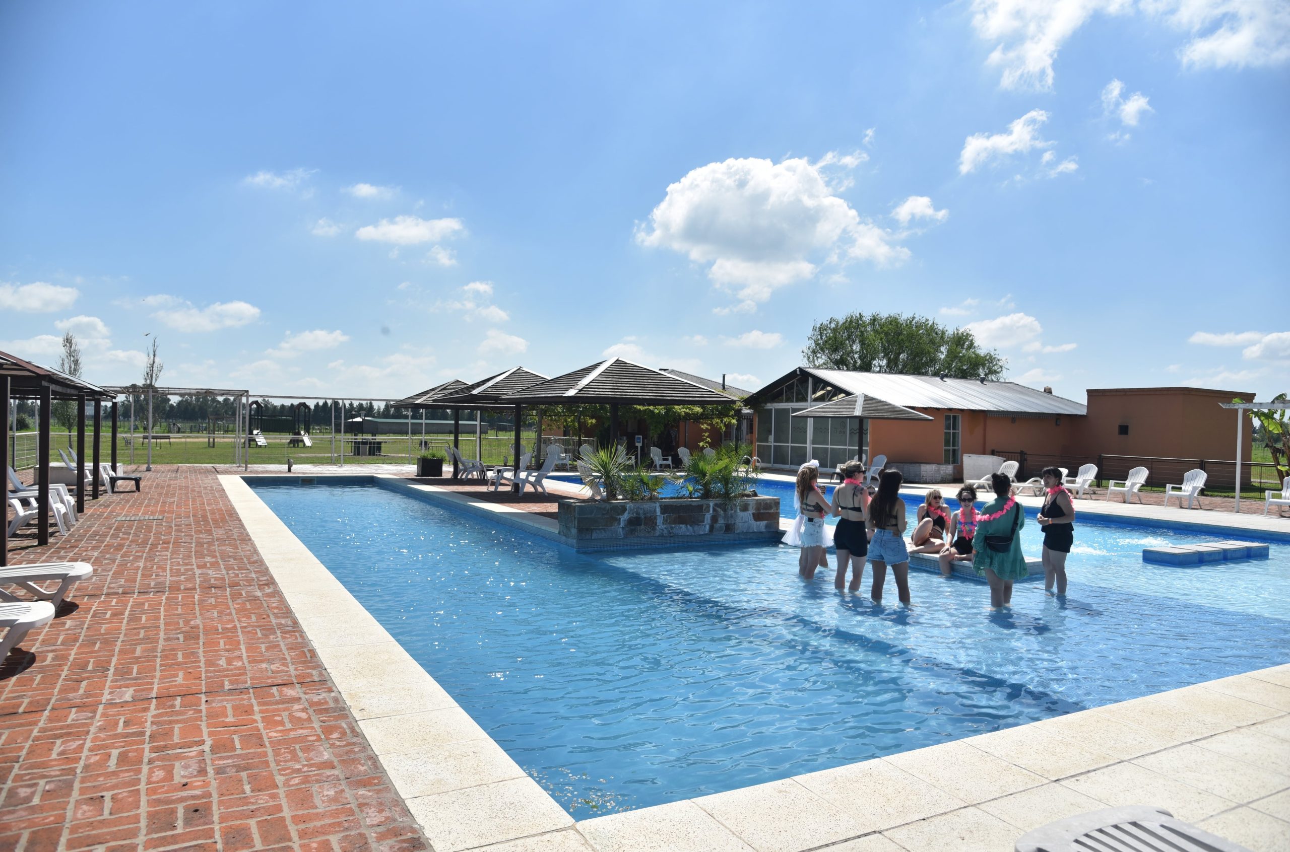 Clases de meditación, stretching y yoga, que se practican entre los árboles, de cara a una inmensa pileta