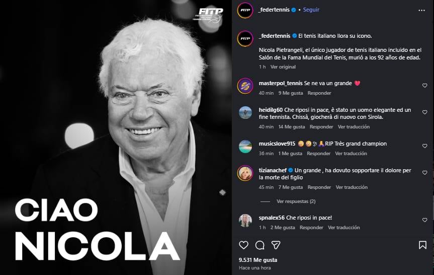 Murió Nicola Pietrangeli a los 92 años: fue una figura del tenis italiano.