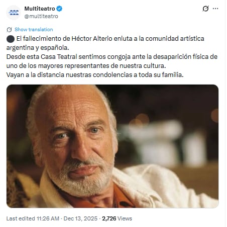 Desde Multiteatro despidieron al reconocido actor (Captura: X)