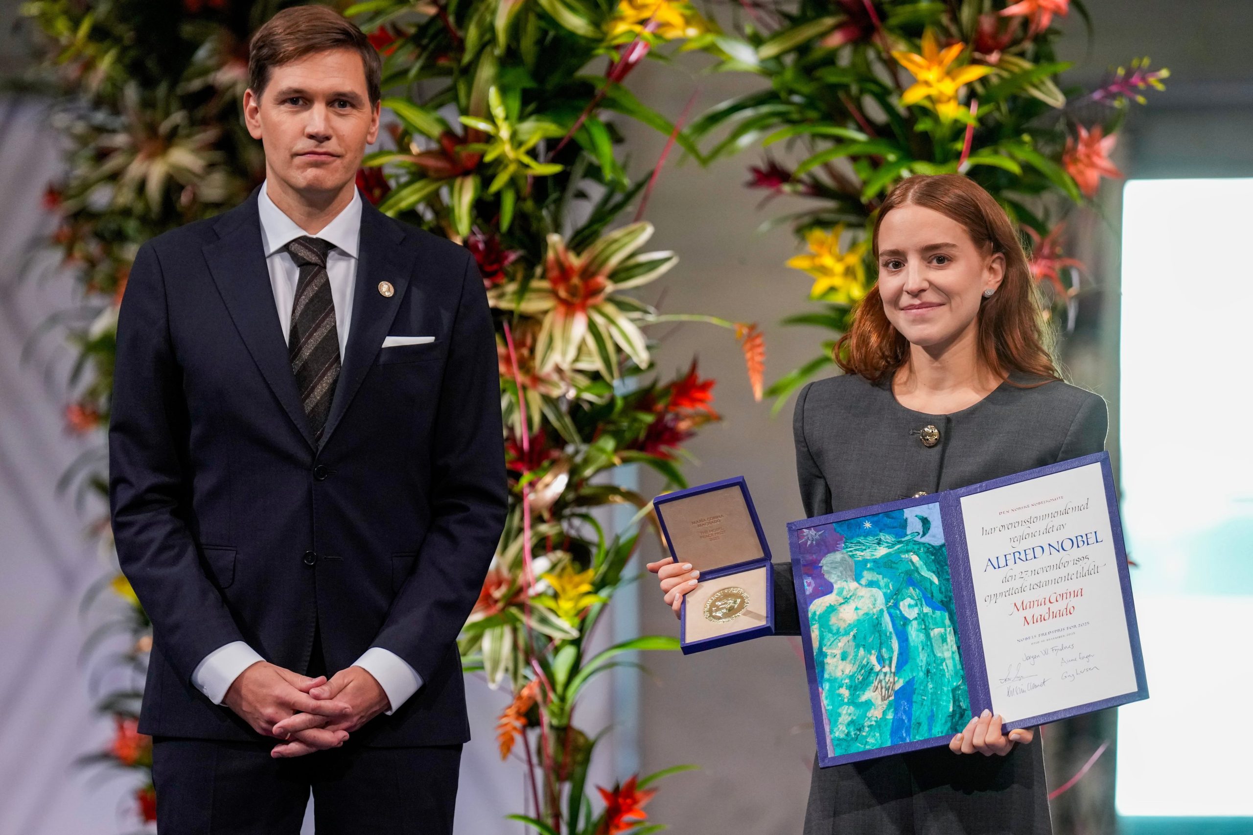 Ana Corina Sosa recibió el Premio Nobel de la Paz en nombre de su madre, María Corina Machado (Ole Berg-Rusten/NTB Scanpix, Pool via AP)