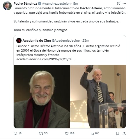 La despedida de Pedro Sánchez a Héctor Alterio (Captura: X)