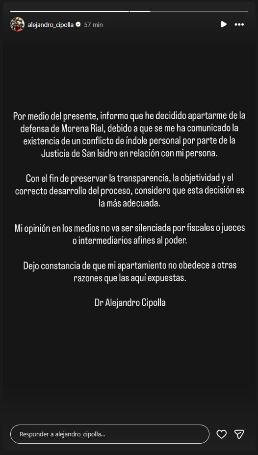 Alejandro Cipolla se aparta de la defensa de Morena Rial: los detalles (Foto: Instagram /alejandro_cipolla)
