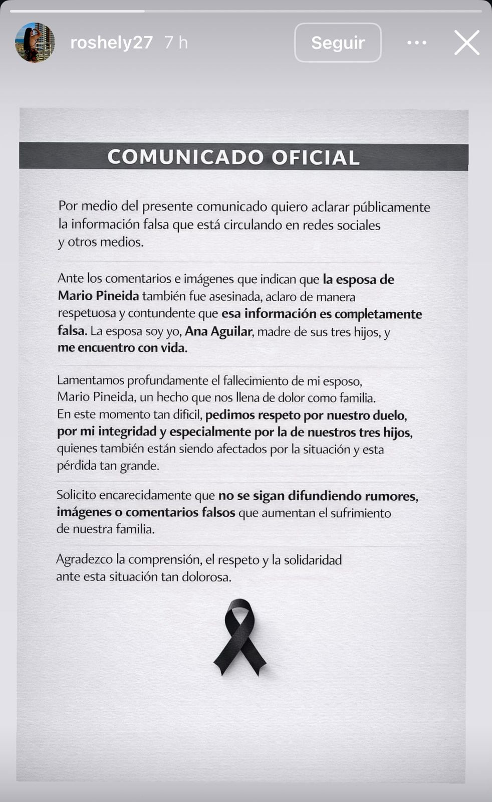 Comunicado de Ana Aguilar, esposa de Mario Pineida, el futbolista asesinado en Ecuador