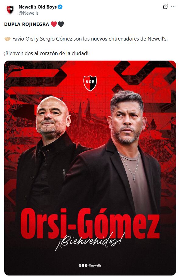 Newell´s anunció la llegada de la dupla Orsi-Gómez (Foto: X @Newells)