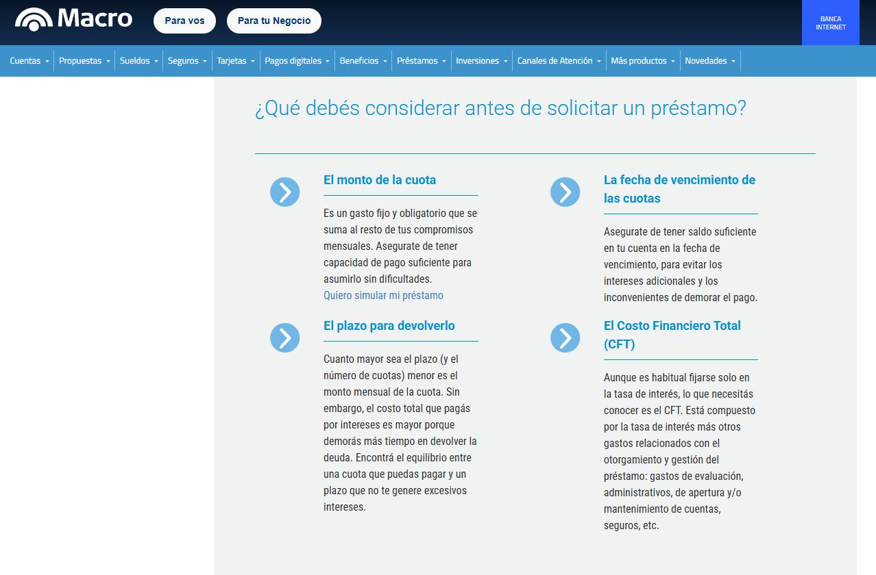 Algunas características de este crédito (Foto: Banco Macro).