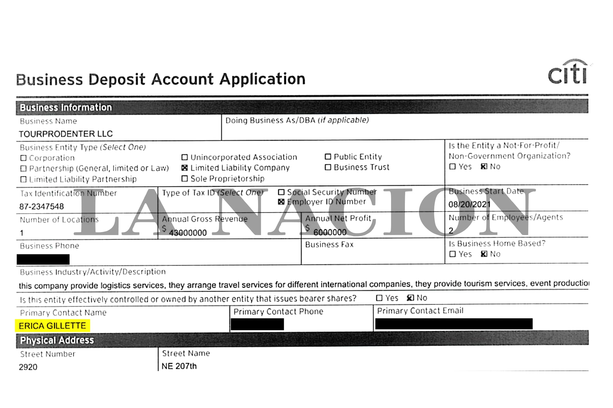 Erica Gillette aparece como contacto principal en la cuenta de TourProdEnter del Citibank