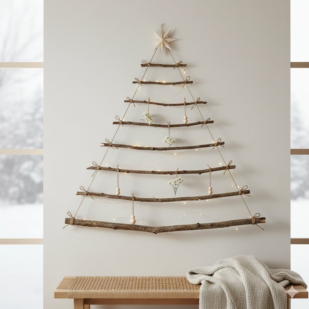 Este es el resultado de un árbol de Navidad hecho con ramas, un estilo minimalista y nórdico