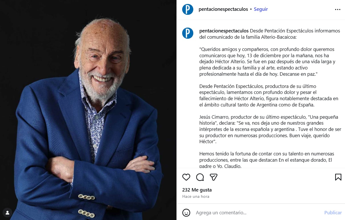 Pentación Espectáculos le despidió con un profundo mensaje en redes sociales (Captura: Instagram @pentacionespectaculos)