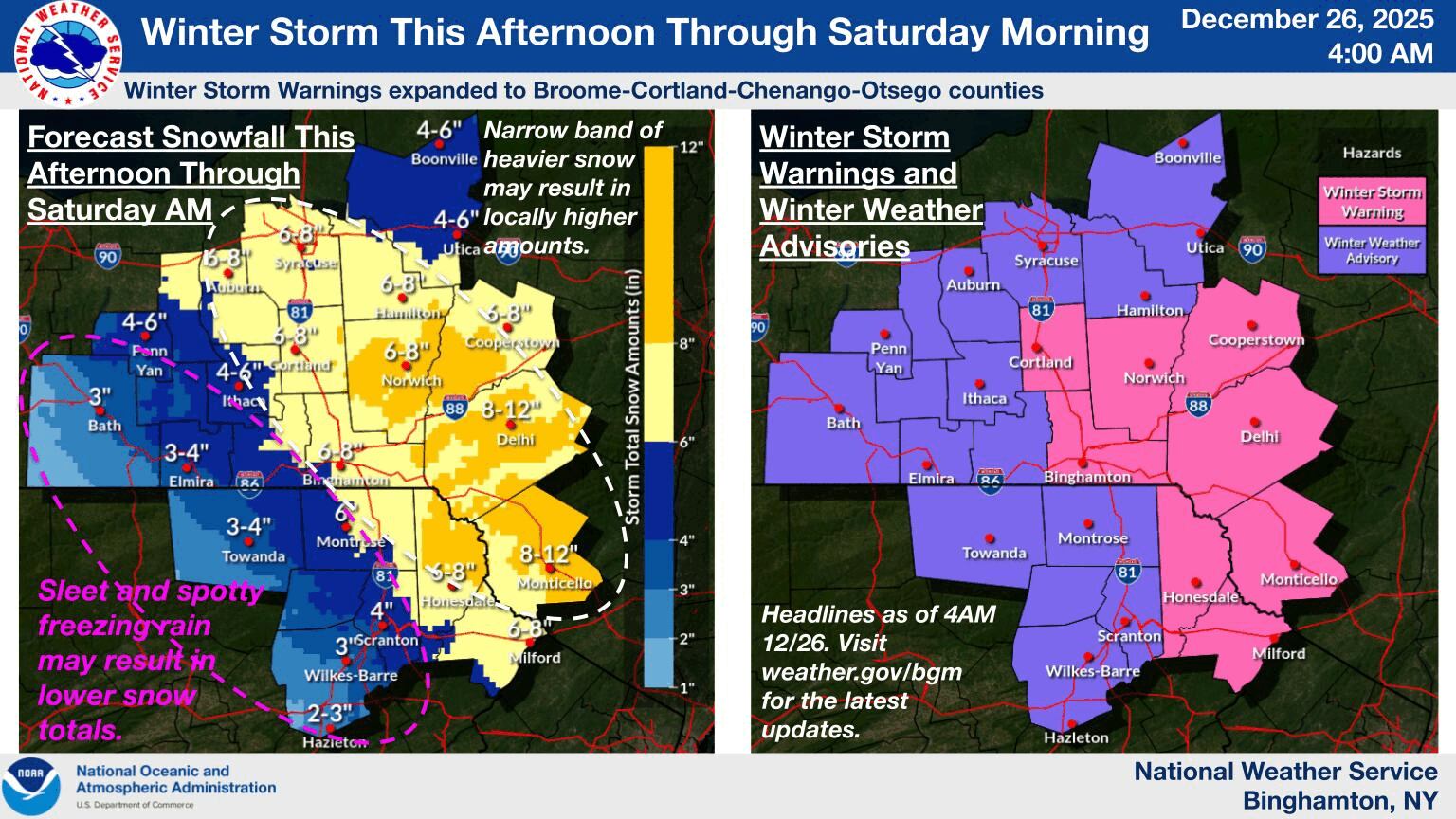 La oficina del NWS en Binghamton emitió avisos para condados como Broome, Chenango y Delaware
