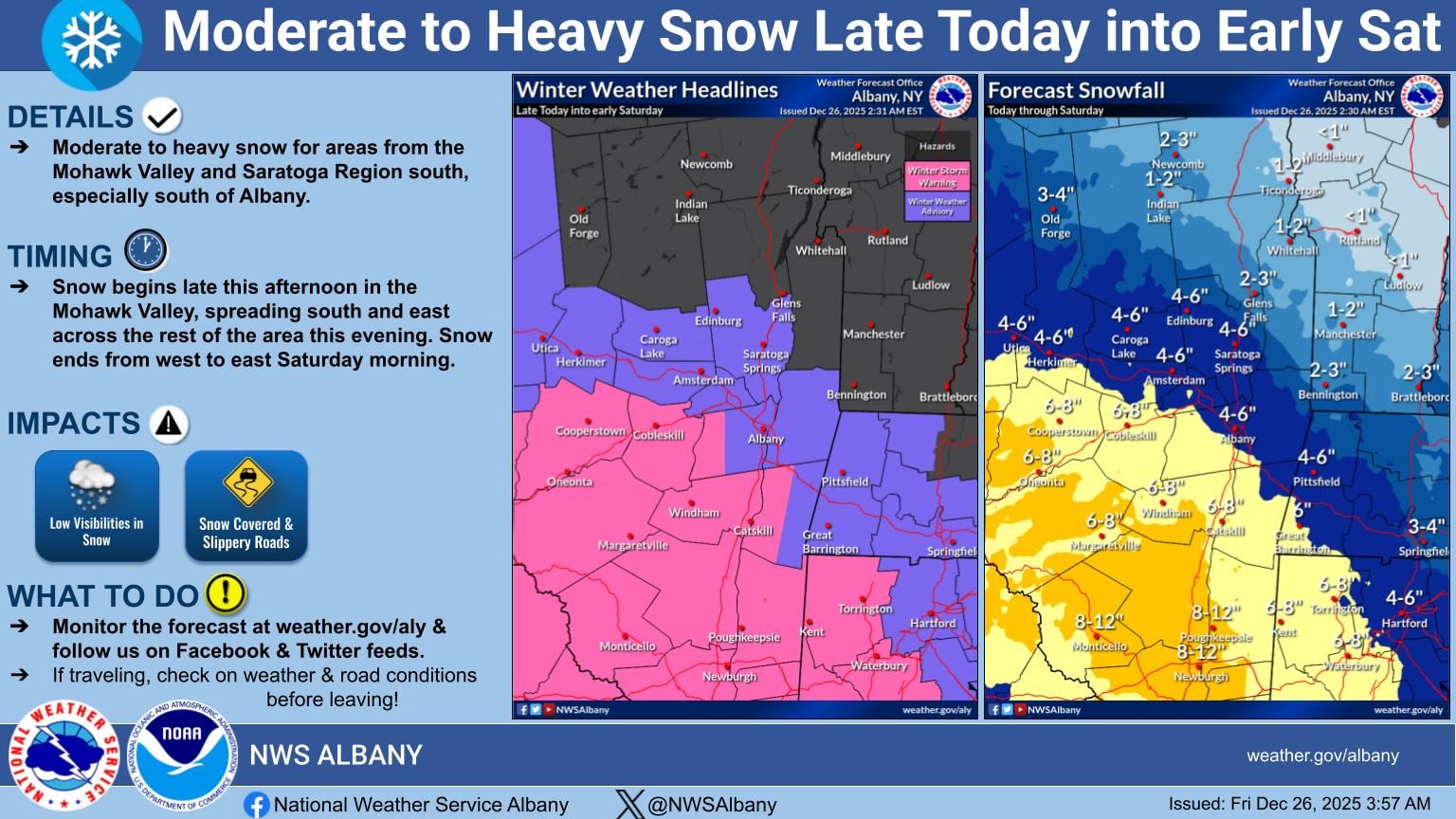 La oficina del NWS en Albany detalló que el impacto podría ser más severo en esa zona