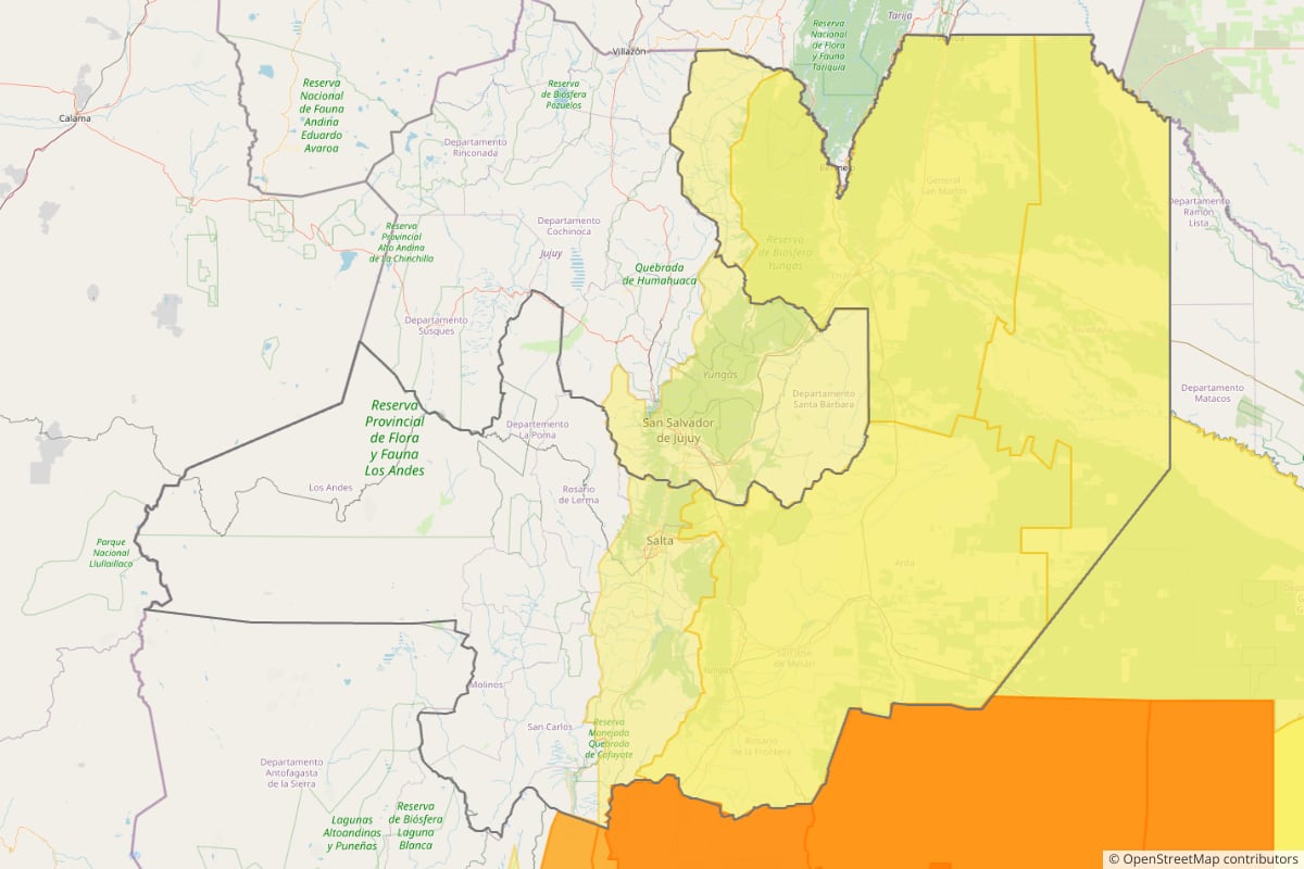 Zona de la provincia de Salta alcanzada por el alerta que emitió el Servicio Metereológico Nacional. (Foto: TN)