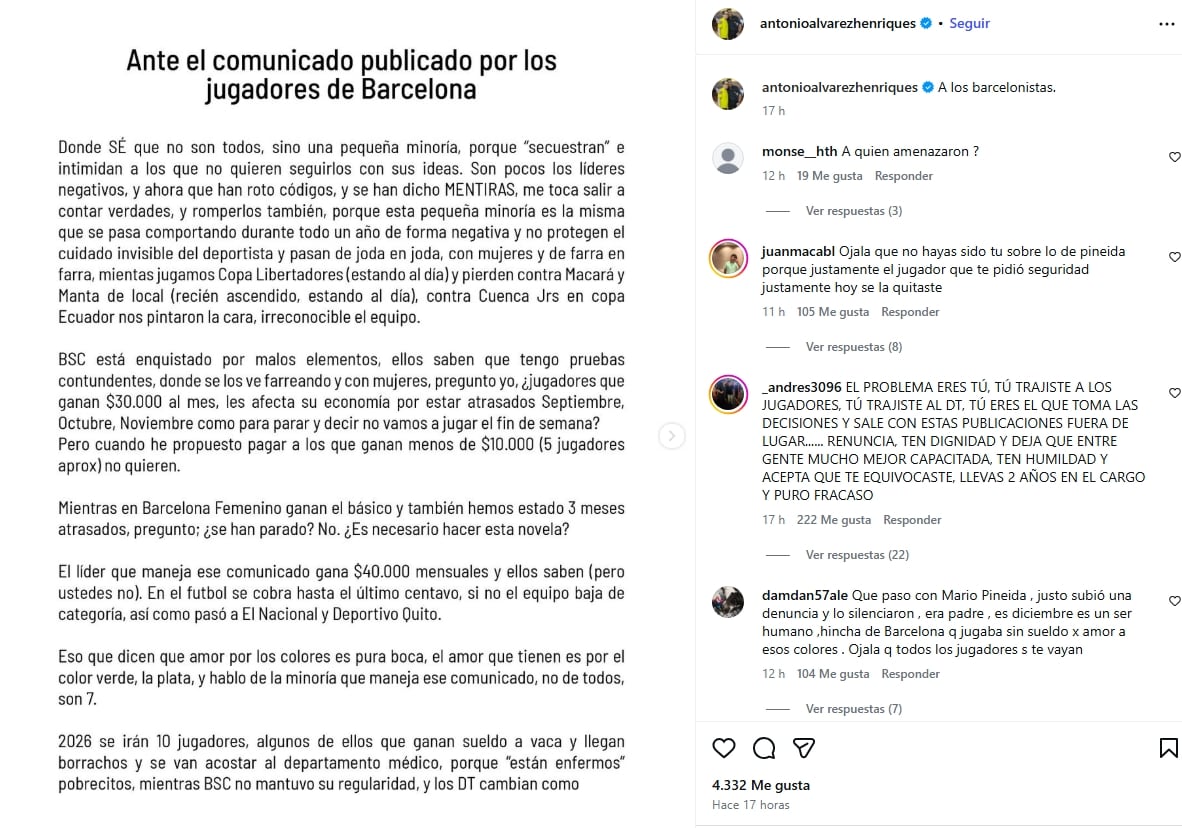 El duro comunicado que posteó Antonio Álvarez, presidente de Barcelona de Ecuador, contra sus jugadores, poco antes de que se conociera la noticia del asesinato del futbolista Mario Pineida