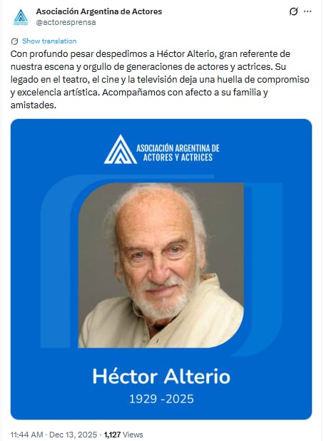 Posteo de la Asociación Argentina de Actores (Captura: X)