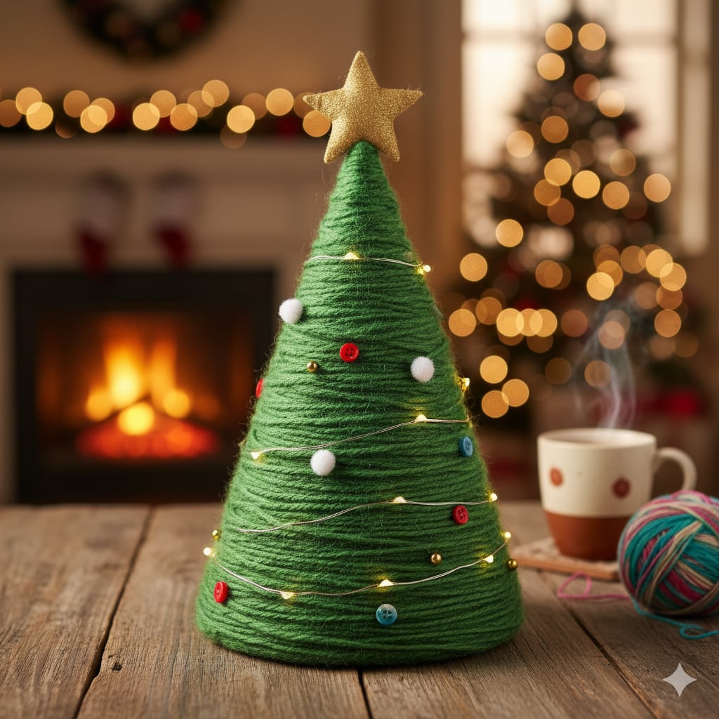 Demostración de un árbol de Navidad hecho con hilo o lana