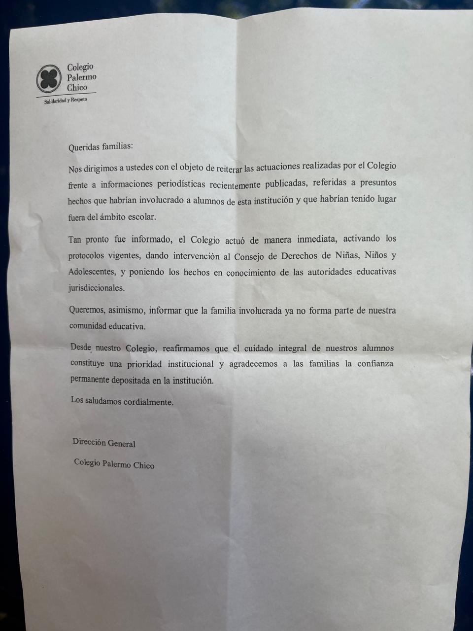 El comunicado de las autoridades del Colegio Palermo Chico ante la denuncia contra el empresario Marcelo Porcel. (Foto: TN)