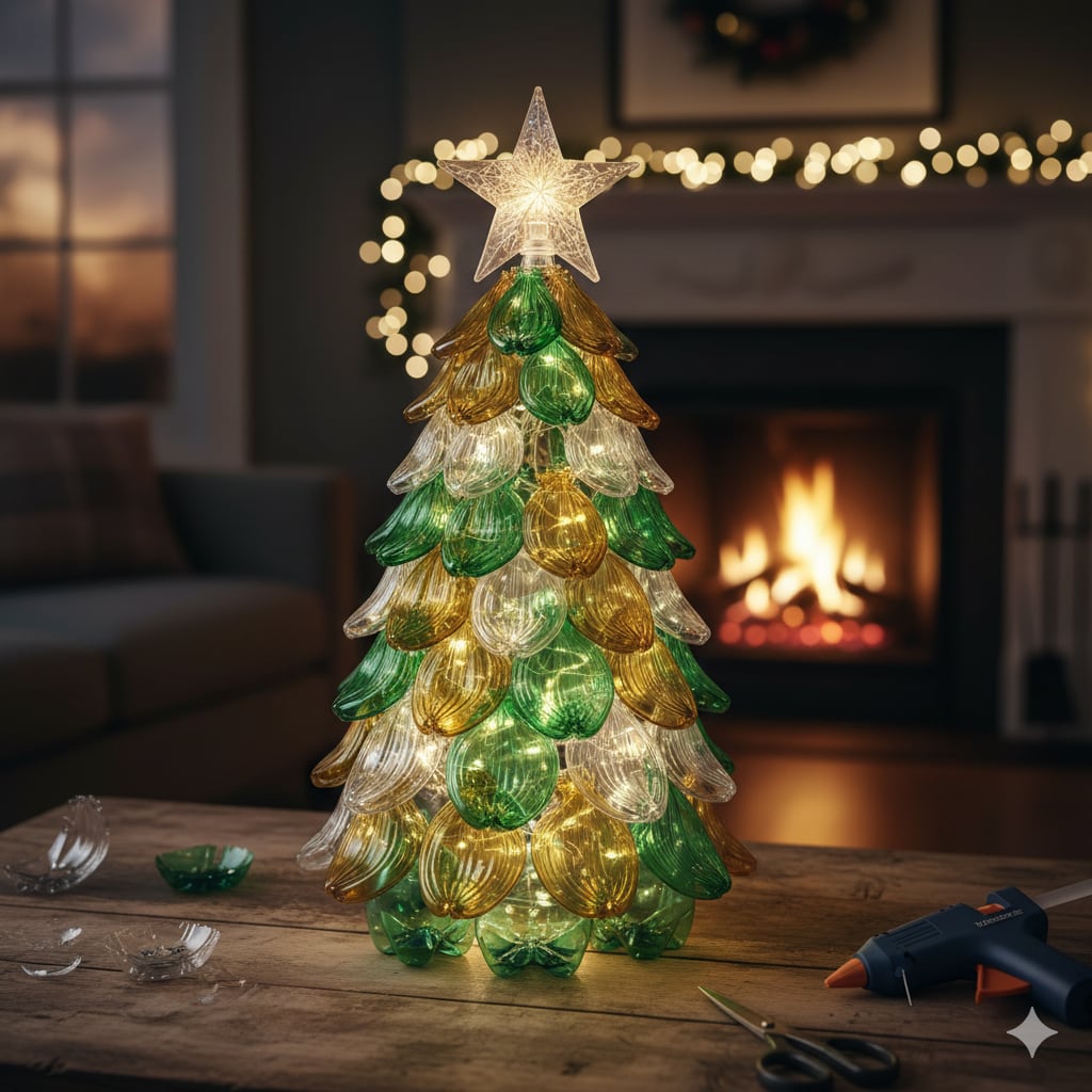 Cómo se ve el árbol de Navidad hecho con botellas de plástico recicladas