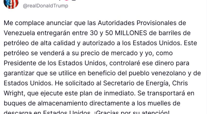 Trump anunció que Venezuela entregará entre 30 y 50 millones de barriles de petróleo a Estados Unidos