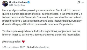 Cristina Kirchner habló de su internación: “Fue un largo y dificultoso proceso”