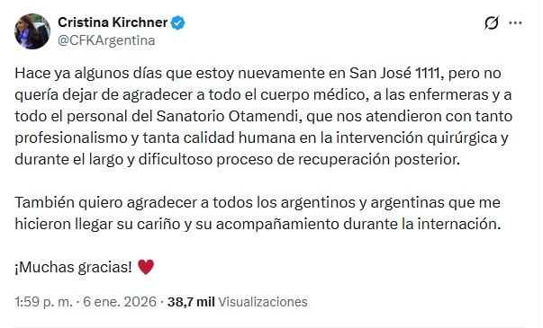 Cristina Kirchner habló de su internación: “Fue un largo y dificultoso proceso”