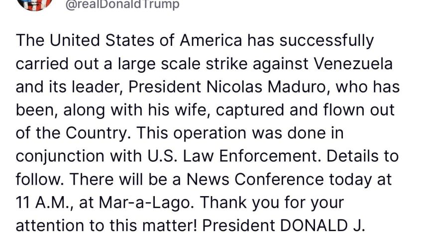 Donald Trump anunció que Estados Unidos capturó a Maduro y a su esposa y los sacó de Venezuela