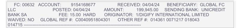 El 4 de abril de 2024 Digify International transfirió 199.945 dólares a Global.