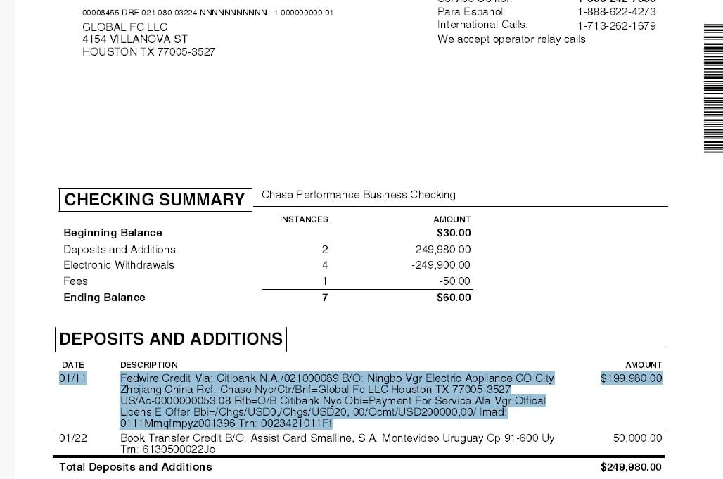 El 11 de enero de 2024, Ningbo VGR Electric Appliance Co transfirió US$ 199.980 a Global FC LLC.